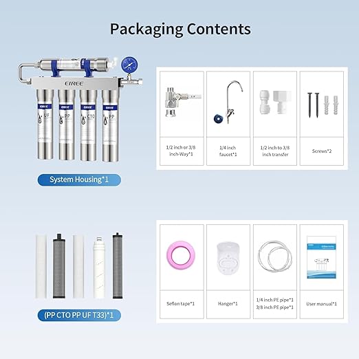 EIREE H502B Under‑Sink Ultrafiltration Water Filter – 0.01 µm Membrane, Removes 99.99% Heavy Metals, Chlorine & Odor, Stainless Steel Housing, USA Tech
