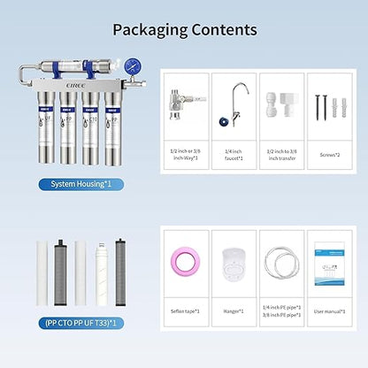 EIREE H502B Under‑Sink Ultrafiltration Water Filter – 0.01 µm Membrane, Removes 99.99% Heavy Metals, Chlorine & Odor, Stainless Steel Housing, USA Tech