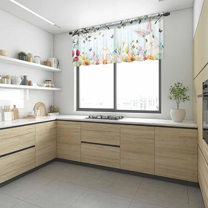 Easter Sheer Valances for Windows 54"x18", Light Filtering Kitchen Curtains Valance, Spring Watercolor Bunny Eggs Tulip Flower Plant Rod Pocket Chiffon Curtains for Living Room Bedroom Cafe