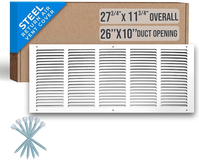 Fits 26x10 Duct Opening | Steel Return Air Grille by Handua | Vent Cover Grill for Sidewall and Ceiling | White | HVAC Cold Air Intake Grille | Outer Dimensions: 27.75"W X 11.75"