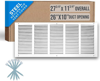 Fits 26x10 Duct Opening | Steel Return Air Grille by Handua | Vent Cover Grill for Sidewall and Ceiling | White | HVAC Cold Air Intake Grille | Outer Dimensions: 27.75"W X 11.75"