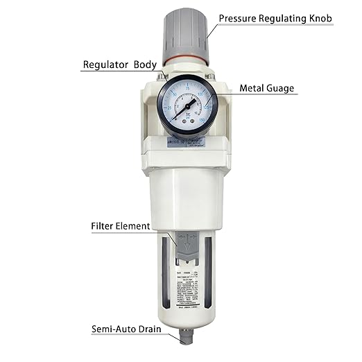 XingNEeng 1" NPT Compressed Air Filter Regulator Combo Piggyback, Water/Oil Trap Separator with Pressure Gauge(0-150 psi), Semi-Auto Drain, Poly Bowl, 5 Micron Brass Element, Metal Bracket