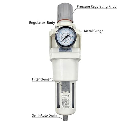 XingNEeng 1" NPT Compressed Air Filter Regulator Combo Piggyback, Water/Oil Trap Separator with Pressure Gauge(0-150 psi), Semi-Auto Drain, Poly Bowl, 5 Micron Brass Element, Metal Bracket