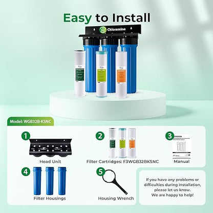 iSpring Chloramine & Heavy Metals Removal Whole House Water Filter System, SGS-Tested, Reduces Lead, Chlorine, Sediment and up to 94.4% of Chloramine, 20” x 4.5” Filters, Model: WGB32B-KSNC
