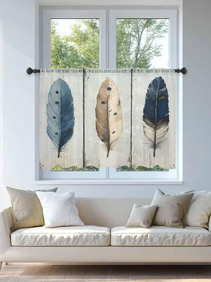 Sheer Curtains 45 Inch Length, Farmhouse Feather Semi Sheer Curtains Light Filtering Window Treatment, Watercolor Vintage Wooden Grain Privacy Voile Drapes for Living Room Bedroom 52x45 Inch