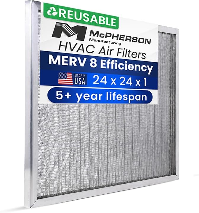 McPherson Reusable Air Filter 24x24x1 | Washable MERV 8 | Made in USA Metal Frame | HVAC AC Furnace | Permanent | Pet Dust Filtration