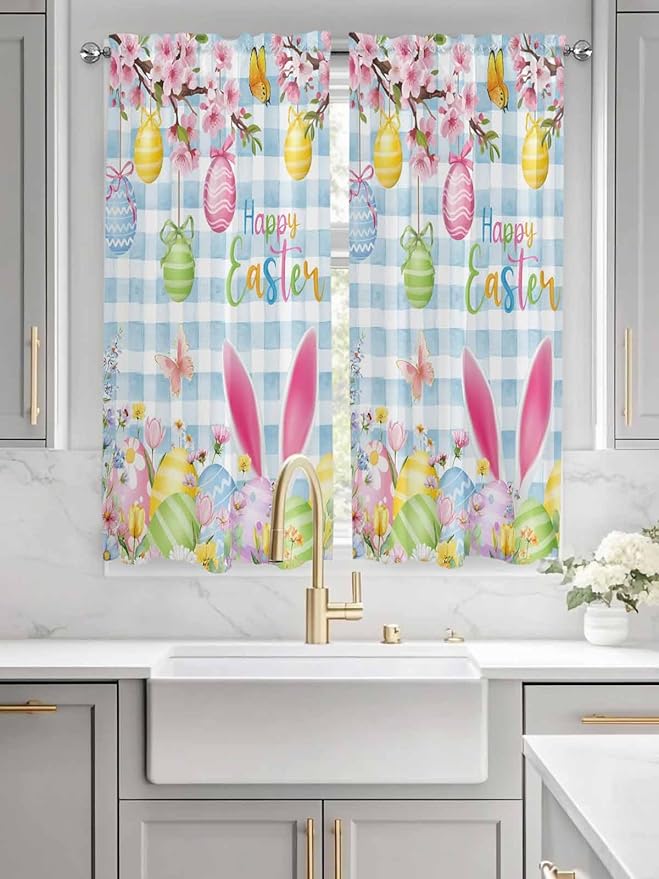 Happy Easter Bedroom Curtains 63 Inches length, Spring Watercolor Bunny Eggs Flower Blue Plaid Window Treatment Curtain Drapes, Rod Pocket Curtain Panels for Living Room Kitchen, 42"x63", 2 Panels