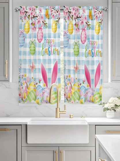 Happy Easter Bedroom Curtains 63 Inches length, Spring Watercolor Bunny Eggs Flower Blue Plaid Window Treatment Curtain Drapes, Rod Pocket Curtain Panels for Living Room Kitchen, 42"x63", 2 Panels