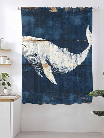 Sheer Curtains 63 Inch Length, Ocean Whale Blue Semi Sheer Curtains Light Filtering Window Treatment, Coastal Vintage Wooden Grain Privacy Voile Drapes for Living Room Bedroom 52x63 Inch