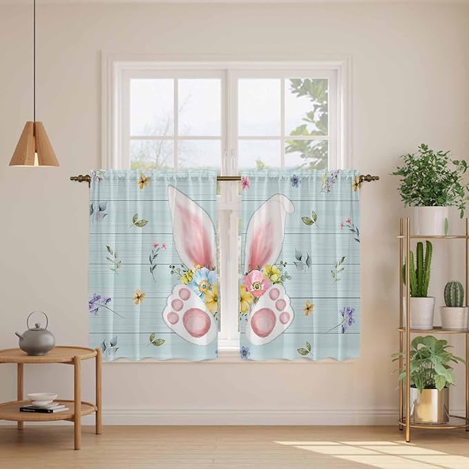 Easter Kitchen Tier Curtains 45 Inch Long 2 Panel Set,Rod Pocket Short Window Treatment,Spring Rabbits Ears Feet Flowers Wooden Grain Light Filtering Curtains & Drapes for Bathroom 27.5"W x 45"L