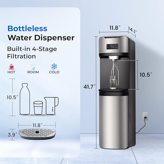 iSpring Bottleless Water Dispenser with 4-Stage Filtration, SGS-Tested 99% of Lead Removal, Water Cooler Dispenser - Hot, Cold, Room Temp, Self Cleaning, Stainless Steel, Silver, Model: DS4S-PB