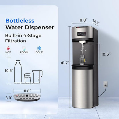 iSpring Bottleless Water Dispenser with 4-Stage Filtration, SGS-Tested 99% of Lead Removal, Water Cooler Dispenser - Hot, Cold, Room Temp, Self Cleaning, Stainless Steel, Silver, Model: DS4S-PB