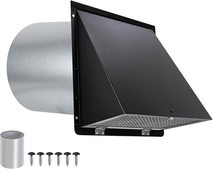 8 inch Hooded Wall Vent with Screen and Damper,Wall Vent Cover Exhaust Vent Outdoor Wall Cap Exterior Air Vent Cover for Kitchen Range Hood HVAC Duct Dryer Ventilation,Galvanized Steel,Black