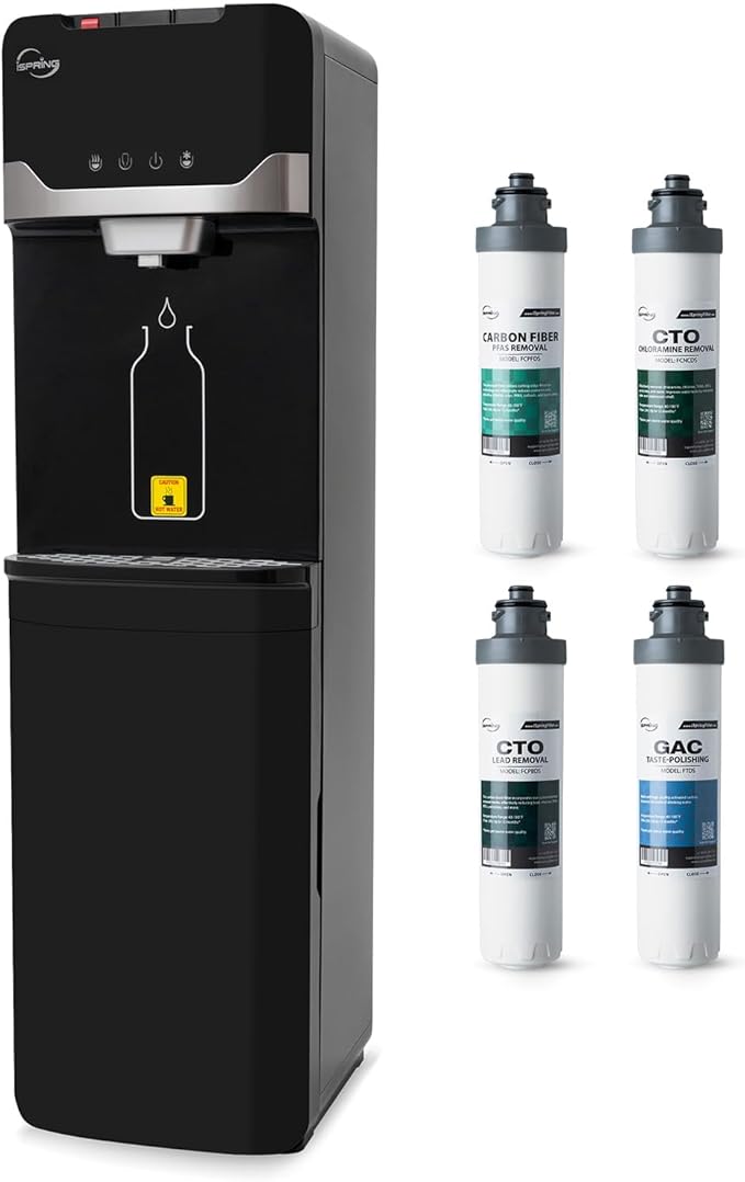 iSpring Bottleless Water Cooler Dispenser with 4-Stage Filtration, SGS-Tested 99% of PFAS, Lead, Chloramine Removal, Hot, Cold, Room Temp, Stainless Steel, Black, Model: DS4B-MAX