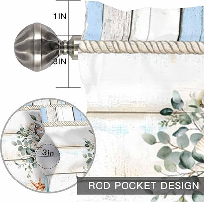 Kitchen Valances for Window, Ocean Starfish Conch Shell Eucalyptus Light Filtering Rod Pocket Valance Curtain, Colorful Wood Grain Short Curtains Window Topper for Bedroom Living Room 42x12in