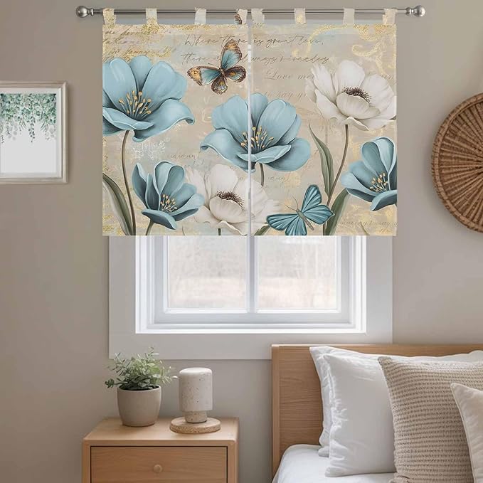 Spring Flowers Kitchen Curtains 45 Inch Length, Short Cafe Window Curtains Tab Top, Vintage Rustic Tulips Floral Butterfly Khaki Light Filtering Window Treatments Tier Drapes 27.5"x45" 2 Panel
