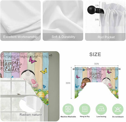 Swag Valance Curtains, Happy Easter Rabbit Butt Egg on Daisy Leaf Rod Pocket Valances Swag Topper for Kitchen Windows, Bufferfly on Wood Barn Light Filtering Short Curtain for Bedroom Bathroom 56x36In