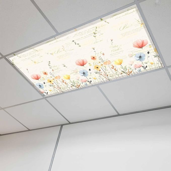 Fluorescent Light Covers for Ceiling Lights Spring Poppy Floral Magnetic Light Filters 1 Pack 4x2 ft Wildflower Vintage Ceiling Lights Cover for Classroom Office School Home Drop Lamp Decor
