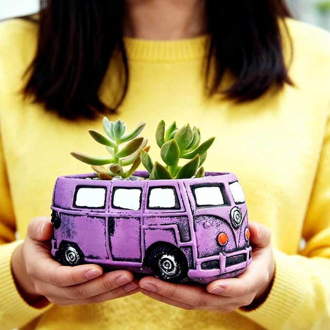 Cute Succulent Plants Pots, Small Planter Pots with Drainage Hole, Flower Pots for Home Indoor Outdoor Garden Decoration (Purple Bus)