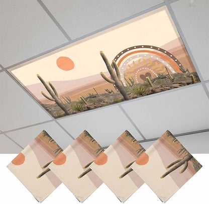 Fluorescent Light Covers for Ceiling Lights Cactus Desert Magnetic Light Filters 4 Pack 4x2 ft Sun Mountain Rainbow Bohemian Style Ceiling Lights Cover for Classroom Office School Home Drop Lamp Decor