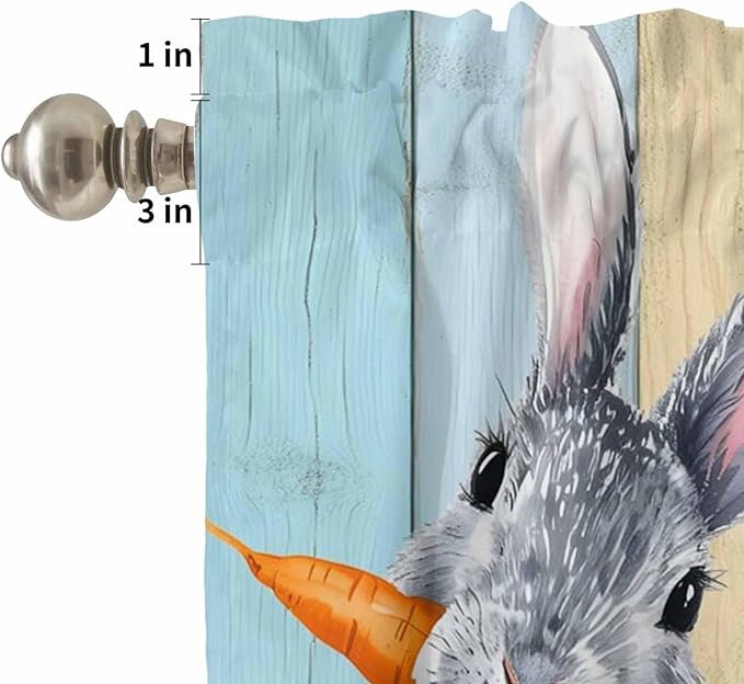 Easter Kitchen Curtain Set, Spring Grey Rabbit Carrots Colorful Wooden Plank Window Valance and Tiers 36" Length, Light Filtering Short Curtains Valance for Cafe Bathroom Bedroom 54"x18"
