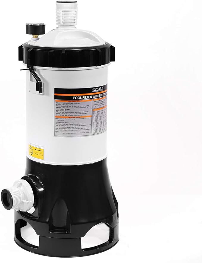 XtremepowerUS Pool Cartridge Filter System w/Built-in Pump for Above Ground Pools with Pressure Gauge, White/Black