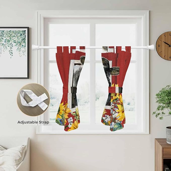 Cows Sunflowers Kitchen Curtains 45 Inch Length, Short Cafe Window Curtains Tab Top, Spring Botanical Floral Bees Red Barn Light Filtering Window Treatments Tier Drapes 27.5"x45" 2 Panel
