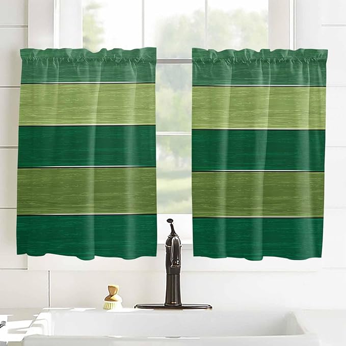 Farm Retro Green Wood Grain Window Valance Curtains, Rustic Wooden Plank Texture Light Filtering Kitchen Valance with 3-inch Rod Pocket for Living Room Bathroom Bedroom,2 Panel,27.5x45In