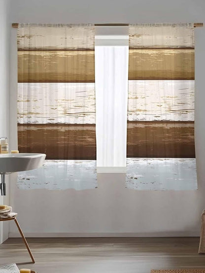 Sheer Curtains 63 Inch Length, Wood Grain Brown Semi Sheer Curtains Light Filtering Window Treatment, Farmhouse Vintage Country Geometric Privacy Voile Drapes for Living Room Bedroom 52x63 Inch