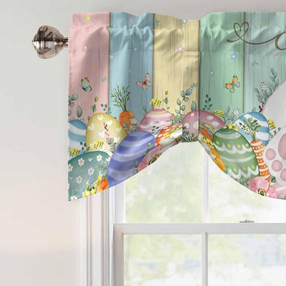 Easter Tie Up Valance Curtains for Windows, Kitchen Curtains Window Shades, Spring Rabbit Ears Foot Eggs Floral Wooden Grain Light Filtering Roman Curtain Valances for Bedroom/Bathroom/Cafe 54"x18"