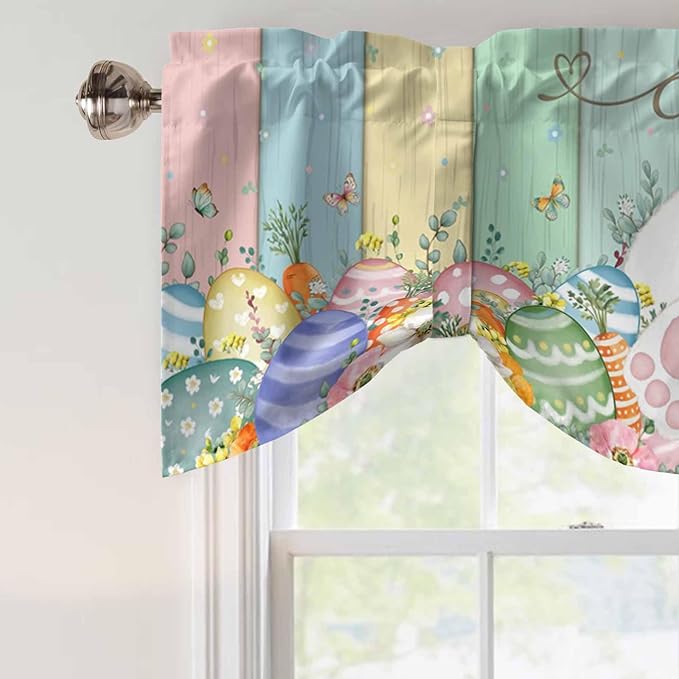 Easter Tie Up Valance Curtains for Windows, Kitchen Curtains Window Shades, Spring Rabbit Ears Foot Eggs Floral Wooden Grain Light Filtering Roman Curtain Valances for Bedroom/Bathroom/Cafe 60"x18"
