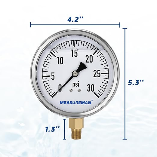 MEASUREMAN Glycerin Filled Plumbing Pressure Gauge 0-30psi Stainless Steel Case, 4" Dial 1/4" NPT Brass Lower Mount, Ideal for Residential Plumbing, Water Filtration Systems, Pneumatic Machinery
