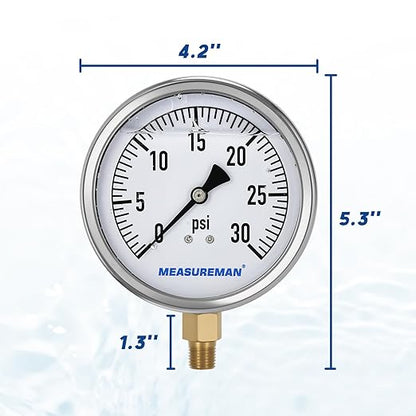 MEASUREMAN Glycerin Filled Plumbing Pressure Gauge 0-30psi Stainless Steel Case, 4" Dial 1/4" NPT Brass Lower Mount, Ideal for Residential Plumbing, Water Filtration Systems, Pneumatic Machinery