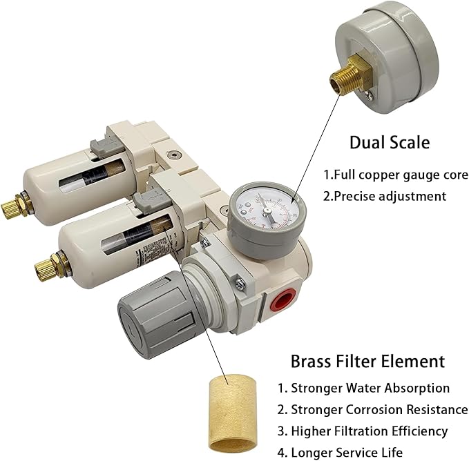 YSIL 3/8" NPT Air Filter Dryer Double Air Filters Compressor Water Separator Pressure Regulator Combo 5 Micron Brass Element(Semi-Auto Drain)
