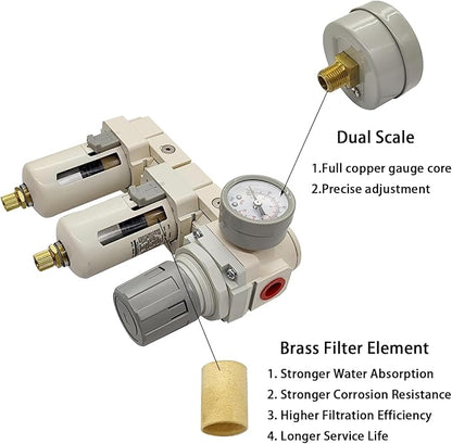 YSIL 3/8" NPT Air Filter Dryer Double Air Filters Compressor Water Separator Pressure Regulator Combo 5 Micron Brass Element(Semi-Auto Drain)
