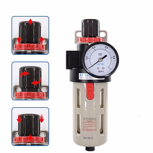 Compressed Air Pressure Filter Regulator Airtac BFR4000 1/2'' NPT 0-140 PSI Combo Piggybac Adjustable,Bracket,Gauge Semi-Auto Drain