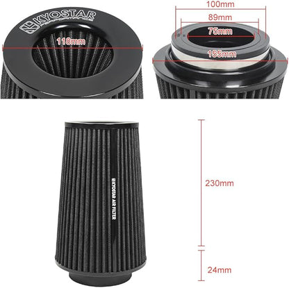 Universal 3/3.5/4" (75/89/100mm) High-Flow Air Filter, Reusable Cone Cold Air Intake, High Performance, Clamp-On Car High Flow Air Kit, Flange Diameter: 3/3.5/4 Inch, Height: 10 Inch, BLACK