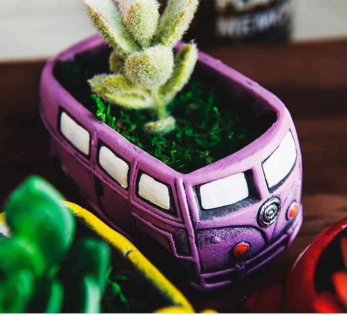 Cute Succulent Plants Pots, Small Planter Pots with Drainage Hole, Flower Pots for Home Indoor Outdoor Garden Decoration (Purple Bus)