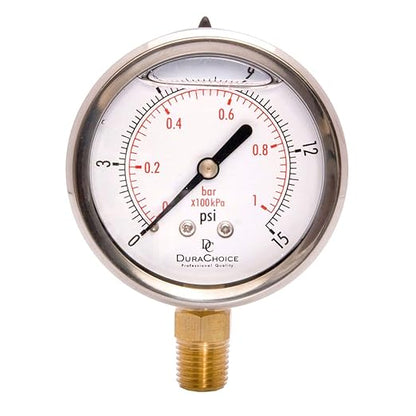 2-1/2" Oil Filled Pressure Gauge - Stainless Steel Case, Brass, 1/4" NPT, Lower Mount Connection, 0-15PSI