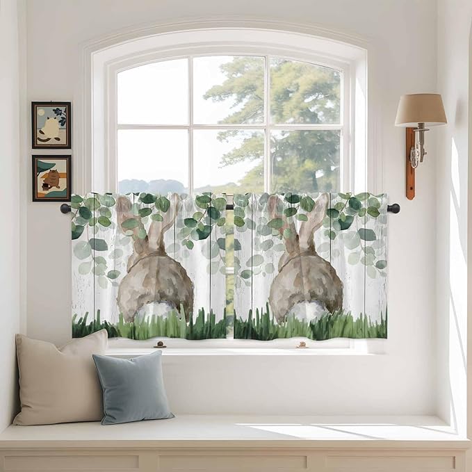 Easter Tier Curtains, Country Rabbit Botanical Leaves Wooden Grain Light Filtering Kitchen Curtains, 2Pcs Rod Pocket Half Window Treatments Panels for Sink Cafe Cabinet Camper 27.5x24 Inches