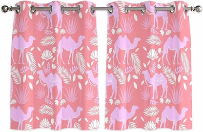 2 Panel Kitchen Cafe Curtains, Desert Camel Sunlight Filtering Nature Air Through, Home Decor Window Covering Tier Curtains for Bedroom Living Room Vintage Sand Camel Leaves Flower Pattern Pink
