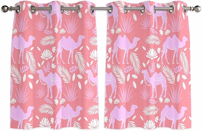 2 Panel Kitchen Cafe Curtains, Desert Camel Sunlight Filtering Nature Air Through, Home Decor Window Covering Tier Curtains for Bedroom Living Room Vintage Sand Camel Leaves Flower Pattern Pink