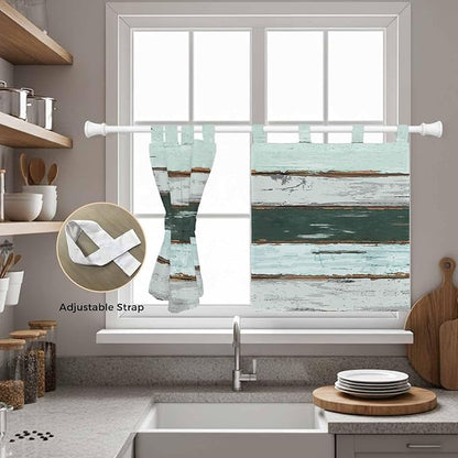 Blue Teal Kitchen Curtains 36 Inch Length, Small Window Curtains Tab Top, Vintage Wooden Retro Art Farmhouse Barns Light Filtering Short Window Treatments Tier Drapes 27.5"x36" 2 Panel
