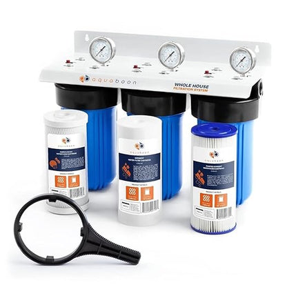 Aquaboon 3-Stage Whole House Water Filter System with 5 Micron 10x4.5 House Water Purification Pleated Sediment, Carbon Chlorine Reduction and Reducing Sediment Filter, Pressure Gauge, Wrench, Bracket