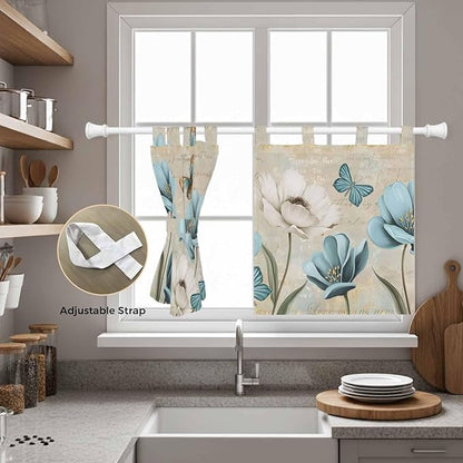 Spring Flowers Kitchen Curtains 24 Inch Length, Small Window Curtains Tab Top, Vintage Rustic Tulips Floral Butterfly Khaki Light Filtering Short Window Treatments Tier Drapes 27.5"x24" 2 Panel