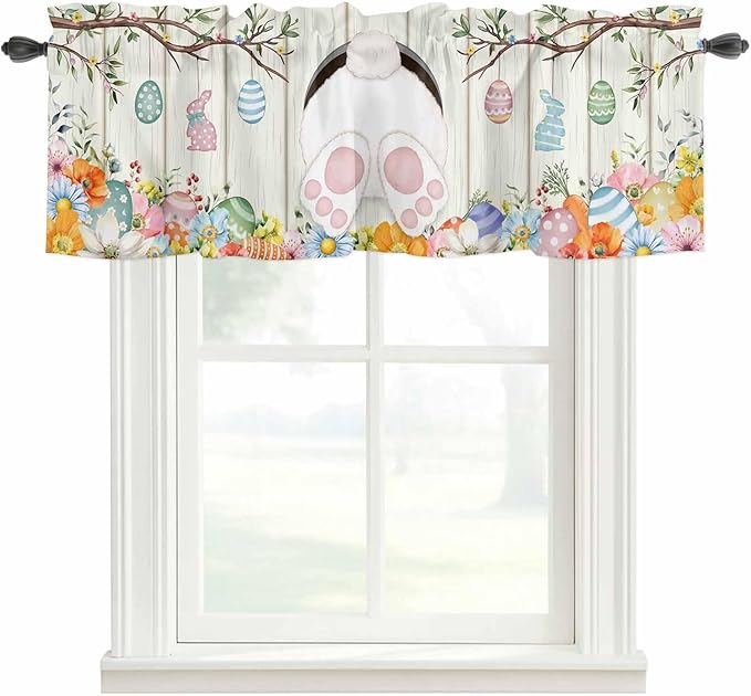 Easter Curtain Valances for Windows, Kitchen Valance Window Treatment, Spring Farmhouse Watercolor Bunny Eggs Wood Grain Light Filtering Block Curtains for Bathroom/Bedroom/Living Room 42'' x 12''