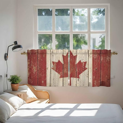 Canada Tier Curtains, Red Maple Leaf Flag Vintage Farmhouse Wooden Grain Light Filtering Kitchen Curtains, 2Pcs Rod Pocket Half Window Treatments Panels for Sink Cafe Cabinet Camper 27.5x24 Inches
