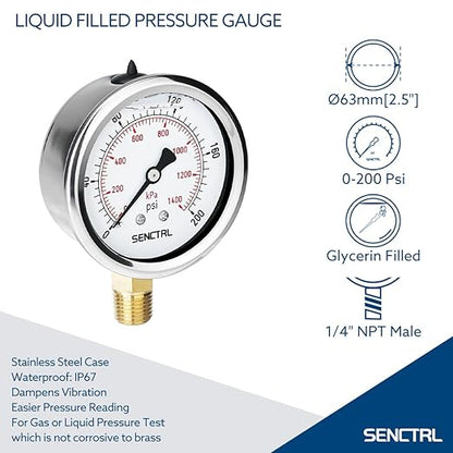 SENCTRL 0-200 Psi Glycerin Liquid Filled Pressure Gauge, 2.5" Dial Size, 1/4" NPT Lower Mount, Stainless Steel Case, for Water Oil Pressure Test in Pipe Pool Pump Sand Filter Air Compressor