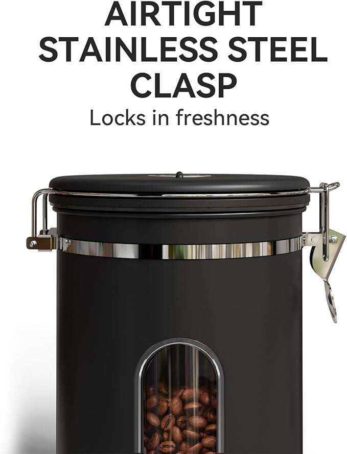 Veken Coffee Canister with Window,Airtight Stainless Steel Pantry Container,Home Kitchen Food Storage Organizers for Ground,Beans,Espresso,Rice,Tea,Sugar,Cereal, Decor,Bar Accessories,Gifts,22OZ,Black