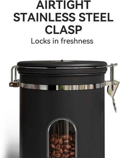 Veken Coffee Canister with Window,Airtight Stainless Steel Pantry Container,Home Kitchen Food Storage Organizers for Ground,Beans,Espresso,Rice,Tea,Sugar,Cereal, Decor,Bar Accessories,Gifts,22OZ,Black